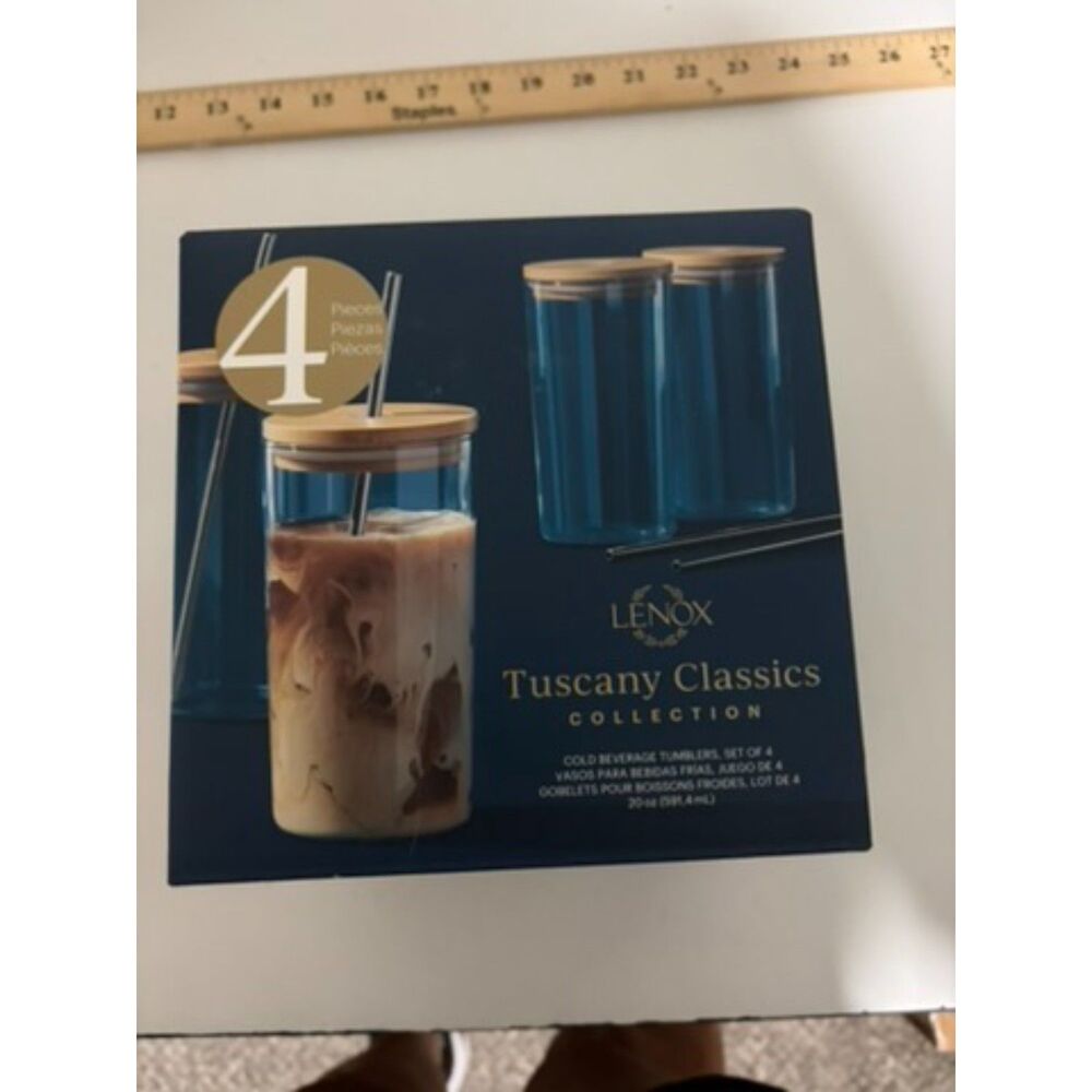 Lenox Tuscany Classics Set of 4 Cold Beverage Tumblers with lids and Straws